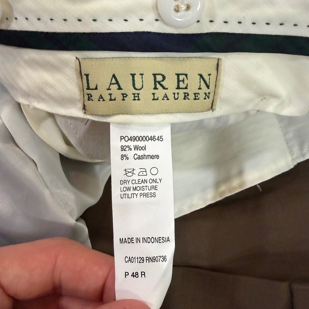 Lauren Ralph Lauren Dress Pants Men 48R Brown Wool Cashmere Pleated Cuffed Luxe - Picture 2 of 7